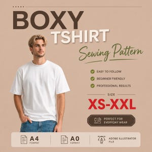 Könnte beinhalten: Ein weißes Boxy-T-Shirt-Schnittmuster mit dem Text "BOXY TSHIRT Sewing Pattern". Das Muster ist in den Größen XS-XXL erhältlich und ist für Anfänger geeignet. Das Bild enthält auch A4- und A0-Formate.