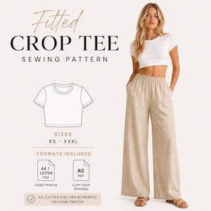 May include: A digital sewing pattern for a fitted crop tee with text reading Fitted Crop Tee Sewing Pattern, sizes XS to XXXL, and formats including A4, Letter, and A0 PDF. A line drawing of a short-sleeved crop top is displayed alongside.