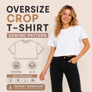 Könnte beinhalten: Ein Schnittmuster für ein Oversize-Crop-T-Shirt mit dem Text OVERSIZE CROP T-SHIRT SEWING PATTERN, einer Strichzeichnung eines kurzärmeligen bauchfreien Shirts, PDF- und A4/A0-Symbolen, Größen S, M, L, XL und einem Sofort-Download-Button.