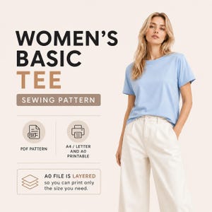 May include: A sewing pattern for a basic tee, featuring text that reads WOMEN'S BASIC TEE SEWING PATTERN, PDF PATTERN, A4 / LETTER AND A0 PRINTABLE, and A0 FILE IS LAYERED so you can print only the size you need, alongside a light blue t-shirt.