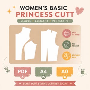 Puede incluir: Un patrón de costura digital para una prenda de corte princesa. La imagen presenta un diseño de patrón blanco, con el texto "WOMEN'S BASIC PRINCESS CUTT". El texto adicional incluye "SIMPLE • ELEGANT • PERFECT FIT" e iconos para formato PDF e impresión fácil.