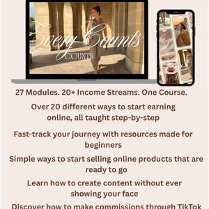 Puede incluir: Anuncio de un curso de marketing digital, con un portátil y un smartphone. El portátil muestra a una mujer en un edificio, con el texto "Every Stream Counts". El smartphone muestra imágenes. El texto promueve ganar dinero online y la creación de contenido.