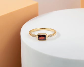14k Solid Gold Emerald Cut Ruby Ring, Minimalist Dainty Jewelry