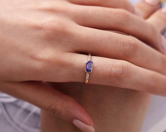 14k massief gouden ring met amethist, diamant, stapelring, diamant