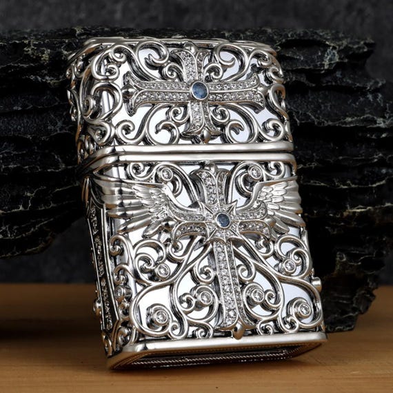 Handmade Gothic Cross Wing Zippo Lighter Silver Crystal Luxury