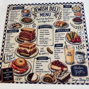 May include: A rectangular placemat featuring a printed Jewish Deli menu with illustrations of sandwiches, desserts, and drinks. The design includes text sections for appetizers, sides, deli favorites, and drinks, with a blue and white checkered border.