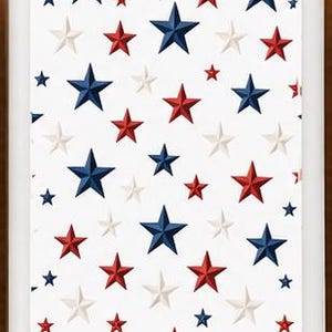 May include: A white rectangular object featuring a pattern of blue, red, and white stars. The stars are of different sizes and are spread across the surface. The object has rounded edges and a smooth, glossy finish.