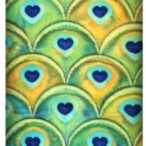 May include: A vibrant, patterned design featuring a repeating motif of peacock feathers. The feathers are in shades of green, yellow, and blue, with a dark blue heart shape at the center of each feather. The overall effect is colorful and decorative.