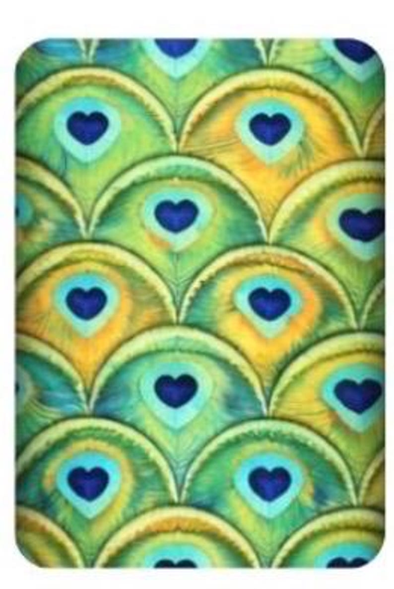 May include: A vibrant, patterned design featuring a repeating motif of peacock feathers. The feathers are in shades of green, yellow, and blue, with a dark blue heart shape at the center of each feather. The overall effect is colorful and decorative.