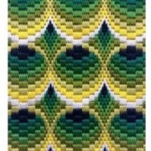 May include: A rectangular patch with a repeating pattern of green, yellow, and white embroidered shapes. The design features a series of interconnected, stylized peacock feather motifs. The patch has a white border and a textured appearance.