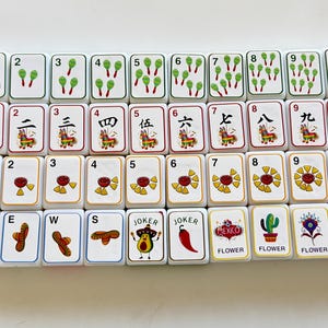 以下が含まれることがあります： カラフルなイラストと数字が描かれた白い長方形のタイルセット。タイルには、ソンブレロ、サボテン、花、その他のメキシコをテーマにしたデザインの画像が描かれています。一部のタイルには「JOKER」、「MEXICO」、「GREEN」、「RED」、「WHITE」の文字が書かれています。
