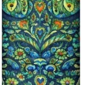 May include: A rectangular, patterned design featuring a symmetrical arrangement of floral and peacock feather motifs. The design incorporates a rich color palette of blues, greens, yellows, and oranges, creating a vibrant and detailed visual texture. The overall aesthetic is reminiscent of vintage textiles.