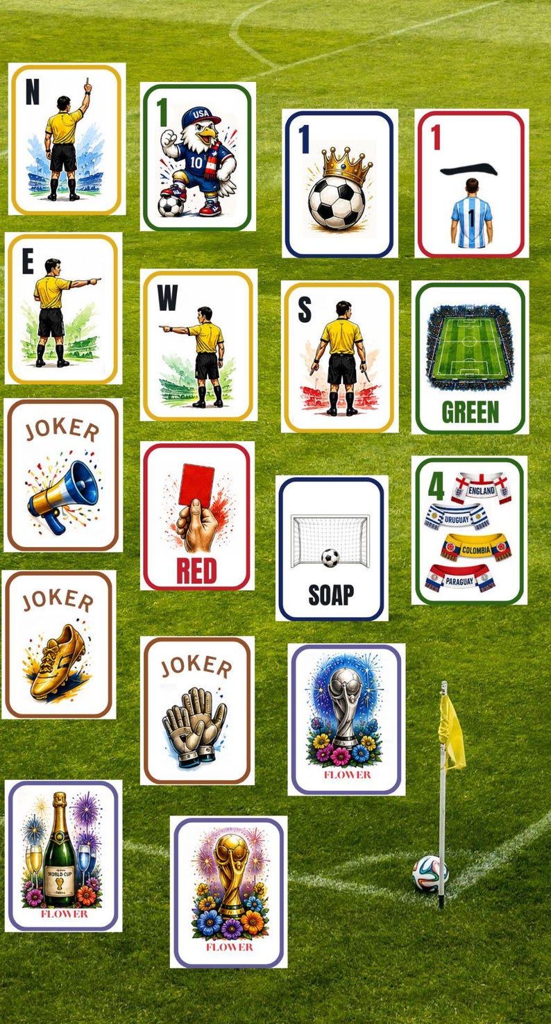 Pu&ograve; includere: Una collezione di carte da gioco rettangolari con illustrazioni a tema calcistico, tra cui arbitri, una mascotte aquila, un pallone con una corona, uno stadio, un cartellino rosso, una porta, sciarpe, una scarpa dorata, guanti, trofei e champagne.