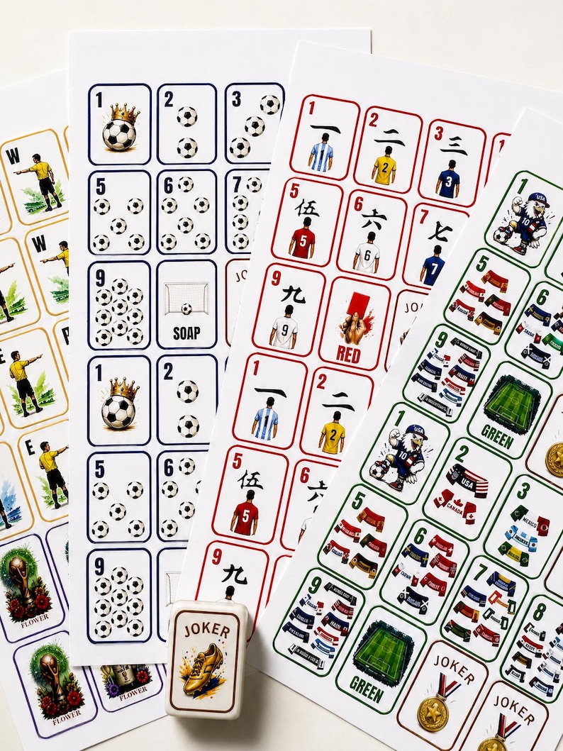 Pu&ograve; includere: Una collezione di fogli stampati con vari design di carte da gioco a tema calcistico, incluse carte numerate con palloni, maglie da giocatore, bandiere nazionali e grafiche di stadi, insieme a una piccola scatola con l'etichetta Joker.