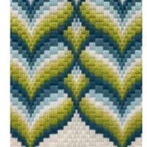 May include: A needlepoint canvas featuring a repeating geometric pattern of stylized hearts or chevrons. The design incorporates shades of teal, light blue, yellow-green, and white, creating a textured, layered effect. The background is a neutral off-white.