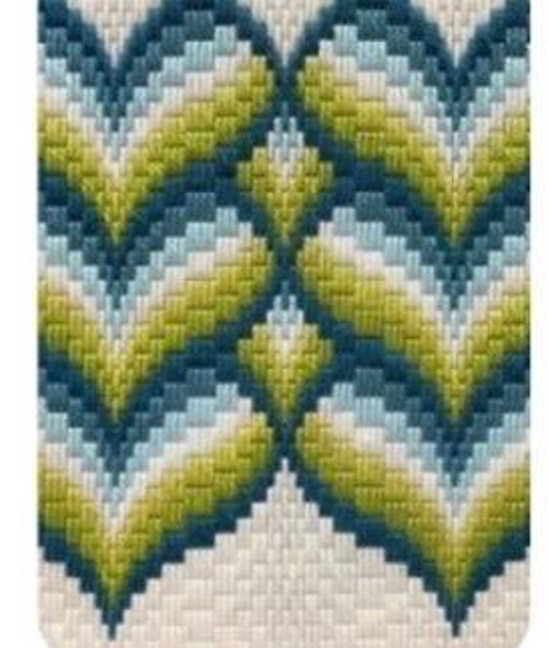 May include: A needlepoint canvas featuring a repeating geometric pattern of stylized hearts or chevrons. The design incorporates shades of teal, light blue, yellow-green, and white, creating a textured, layered effect. The background is a neutral off-white.