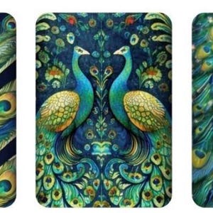 May include: Three rectangular designs featuring peacock feather patterns. One has a chevron design with blue, green, and yellow feathers on a navy background. Another shows two peacocks facing each other. The third design is a close-up of peacock feathers.
