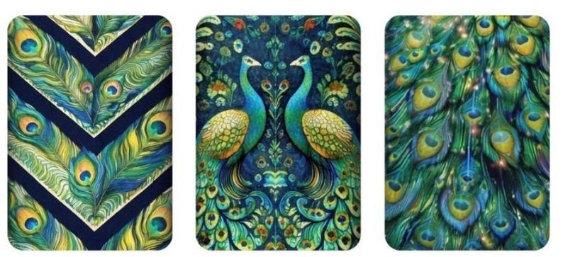 May include: Three rectangular designs featuring peacock feather patterns. One has a chevron design with blue, green, and yellow feathers on a navy background. Another shows two peacocks facing each other. The third design is a close-up of peacock feathers.