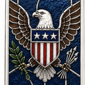 May include: A rectangular emblem featuring a detailed depiction of the American bald eagle with outstretched wings. The eagle is set against a textured blue background, with a shield displaying red and white stripes and three stars. The border is silver.