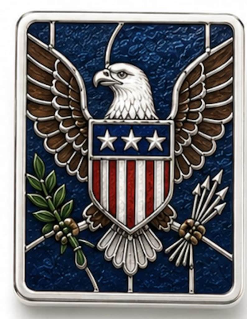 May include: A rectangular emblem featuring a detailed depiction of the American bald eagle with outstretched wings. The eagle is set against a textured blue background, with a shield displaying red and white stripes and three stars. The border is silver.