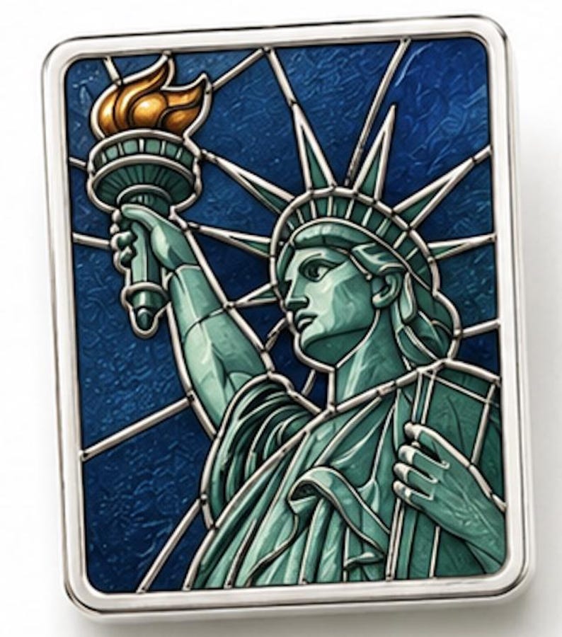 May include: A rectangular silver-framed image of the Statue of Liberty in a stained-glass style. The statue is teal with a golden torch against a blue background. The design features a starburst pattern and is a detailed illustration.