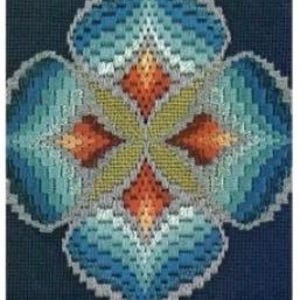 May include: A needlepoint design featuring a symmetrical floral pattern in shades of blue, teal, orange, and yellow. The design is set against a dark blue background. The initials "F.F." are visible in the lower right corner.