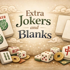 May include: An illustration of Mahjong tiles, dice, and coins. The tiles include "Joker" tiles with a green design, and blank tiles. Dice show various numbers and dots. The text "Extra Jokers and Blanks" is displayed.