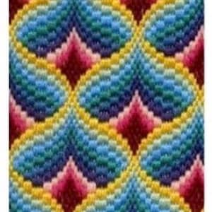 May include: Close-up of a colorful, textured fabric with a repeating pattern. The design features a series of teardrop shapes in shades of blue, teal, yellow, and pink. The fabric appears to be hand-stitched or embroidered, with a detailed, raised texture.