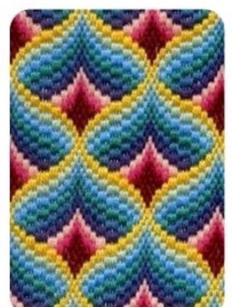 May include: Close-up of a colorful, textured fabric with a repeating pattern. The design features a series of teardrop shapes in shades of blue, teal, yellow, and pink. The fabric appears to be hand-stitched or embroidered, with a detailed, raised texture.