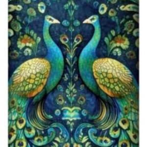 May include: A decorative rectangular image featuring two facing peacocks with vibrant blue, green, and gold plumage. The background is a deep blue with floral and leaf patterns. The image has a vintage, artistic style.