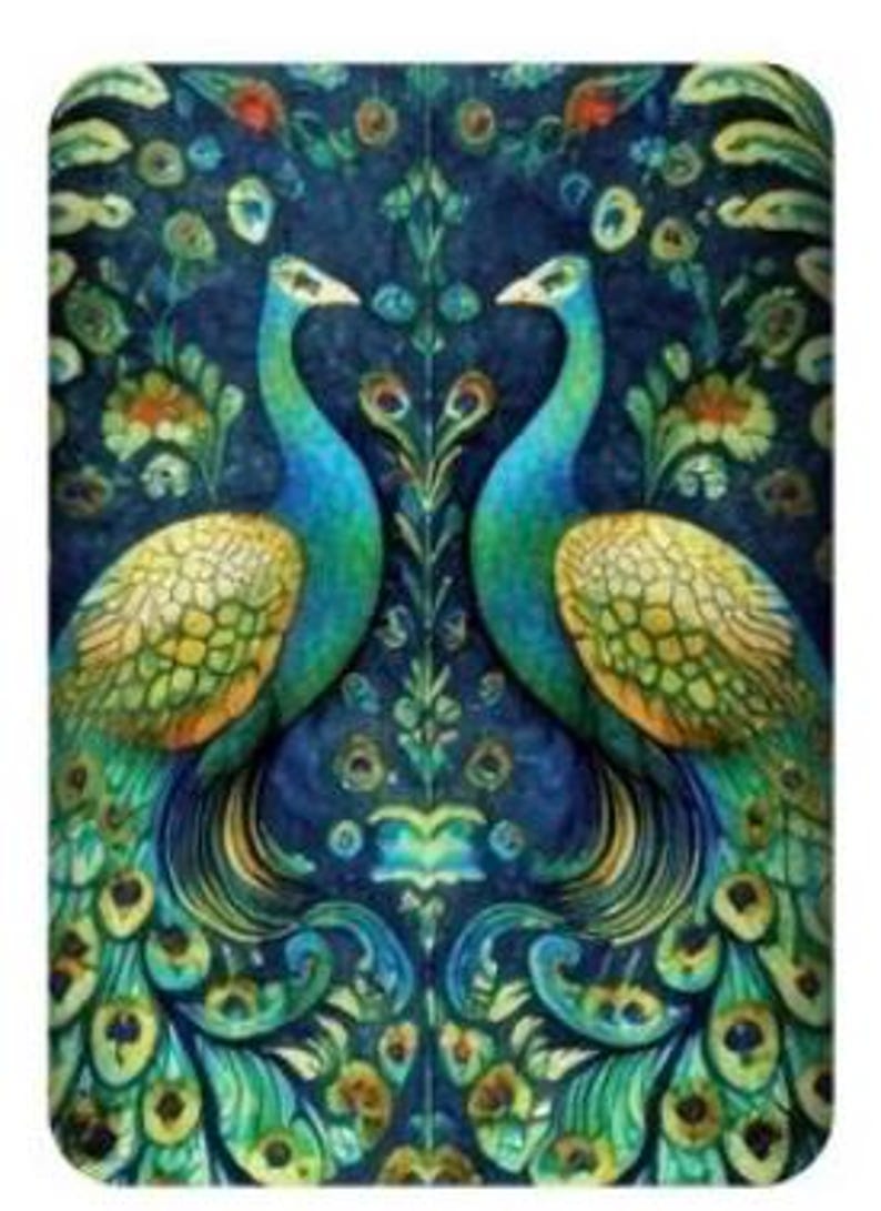 May include: A decorative rectangular image featuring two facing peacocks with vibrant blue, green, and gold plumage. The background is a deep blue with floral and leaf patterns. The image has a vintage, artistic style.