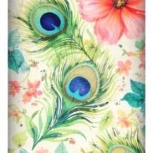 May include: A decorative item featuring a watercolor design of peacock feathers, flowers, and foliage. The feathers have blue and teal accents, with a large pink flower in the upper right corner. The background is a cream color.