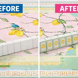 May include: A split-screen comparison showing a row of blank white rectangular tiles on the left labelled BEFORE and a row of white mahjong tiles with yellow sun symbols on the right labelled AFTER, set against a pink and green lemon patterned mat.