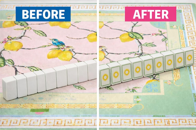 May include: A split-screen comparison showing a row of blank white rectangular tiles on the left labelled BEFORE and a row of white mahjong tiles with yellow sun symbols on the right labelled AFTER, set against a pink and green lemon patterned mat.