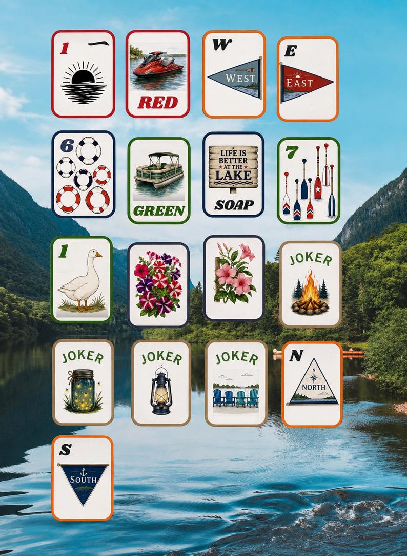May include: A collection of playing cards with lake and outdoor themes. Cards feature images of a sunset, a red boat, a green boat, and the text "LIFE IS BETTER AT THE LAKE". Other cards show compass directions and a campfire.