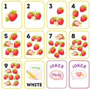May include: A deck of playing cards with strawberry illustrations. The cards are numbered one to nine, each showing a different quantity of strawberries. There are also two joker cards and a card with the word "strategy" and a pencil.