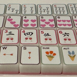 K&ouml;nnte beinhalten: Nahaufnahme eines Mahjong-Spielsets. Die Spielsteine zeigen verschiedene Symbole, darunter Schl&uuml;ssel, Herzen und chinesische Schriftzeichen. Einige Spielsteine zeigen saisonale Bilder wie Blumen. Die Spielsteine sind wei&szlig; mit roten und schwarzen Akzenten.