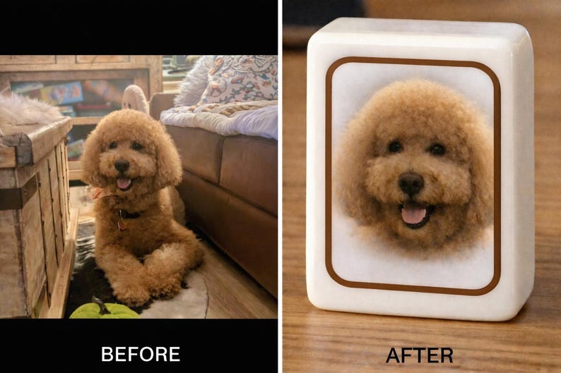 May include: A rectangular white stone plaque featuring a centred portrait of a curly-haired tan dog with a brown border. The image shows a before and after comparison, with the left side displaying the dog in a room and the right side the plaque.