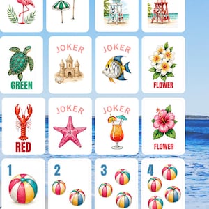 May include: A collection of illustrated cards featuring beach-themed images. The cards display swimsuits, a flamingo, umbrellas, lifeguard stands, a turtle, a sandcastle, a fish, flowers, a lobster, a starfish, cocktails, beach balls, and a sand dollar.