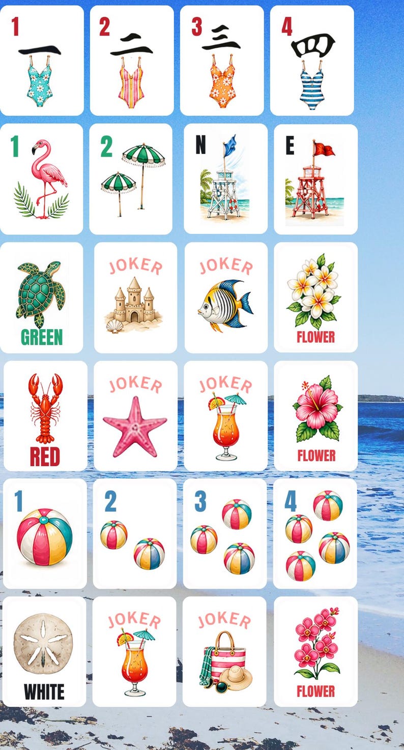 May include: A collection of illustrated cards featuring beach-themed images. The cards display swimsuits, a flamingo, umbrellas, lifeguard stands, a turtle, a sandcastle, a fish, flowers, a lobster, a starfish, cocktails, beach balls, and a sand dollar.