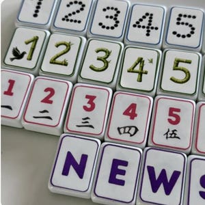 Peut inclure: Gros plan sur des tuiles de Mahjong blanches avec divers symboles et chiffres. Les tuiles pr&eacute;sentent des points noirs, des chiffres rouges, des chiffres verts en forme de bambou et le mot "NEW" en violet. Les tuiles sont dispos&eacute;es en grille.