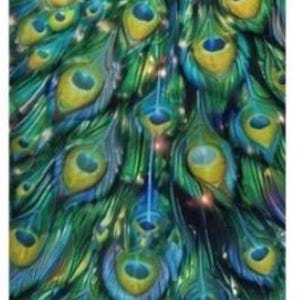 May include: A vibrant, close-up image of a peacock feather pattern. The design features a rich palette of greens, blues, and yellows, with intricate detailing. The feathers have a textured appearance, creating a sense of depth and realism. The overall effect is a display of natural beauty.