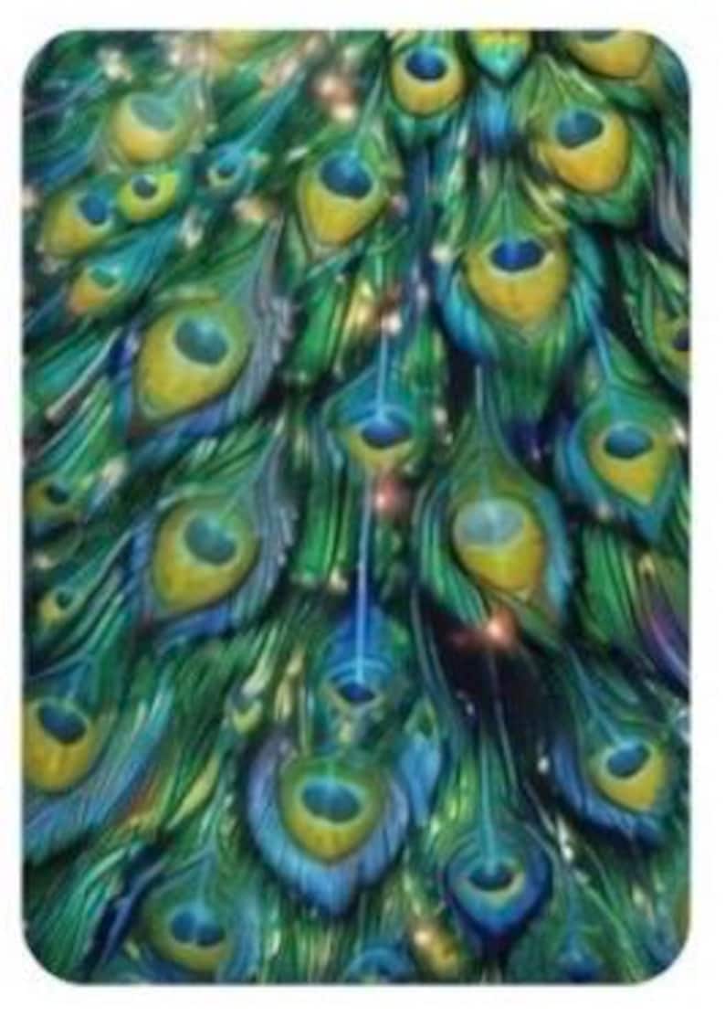 May include: A vibrant, close-up image of a peacock feather pattern. The design features a rich palette of greens, blues, and yellows, with intricate detailing. The feathers have a textured appearance, creating a sense of depth and realism. The overall effect is a display of natural beauty.