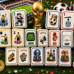 Pu&ograve; includere: Un set di tessere rettangolari con illustrazioni a tema calcistico, tra cui arbitri, un trofeo dorato, un pallone con corona, un cartellino rosso, un megafono, una porta e varie bandiere nazionali, disposte su un manto erboso artificiale.