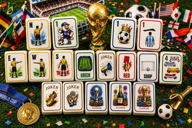 Pu&ograve; includere: Un set di tessere rettangolari con illustrazioni a tema calcistico, tra cui arbitri, un trofeo dorato, un pallone con corona, un cartellino rosso, un megafono, una porta e varie bandiere nazionali, disposte su un manto erboso artificiale.