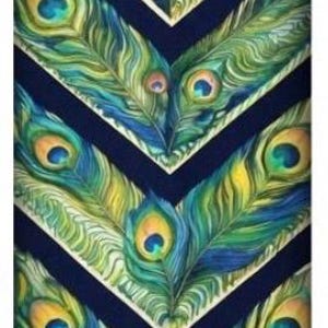 May include: A rectangular decorative item with a repeating pattern of peacock feathers in shades of blue, green, and yellow. The feathers are arranged in a chevron design against a dark blue background.