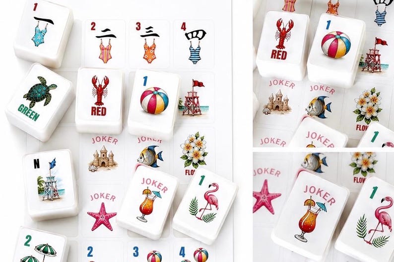 May include: A collection of white Mahjong tiles featuring colorful beach-themed illustrations. The tiles display images of swimsuits, a lobster, a beach ball, a turtle, a flamingo, and a cocktail. Some tiles have the word "JOKER" on them.