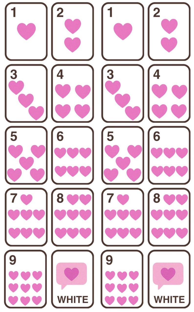 K&ouml;nnte beinhalten: Ein Raster von Spielkarten mit wei&szlig;em Hintergrund und schwarzen R&auml;ndern. Jede Karte zeigt eine Zahl von 1 bis 9 und eine unterschiedliche Anzahl rosa Herzen. Eine Karte hat eine Sprechblase mit einem rosa Herzen und dem Wort "WHITE".