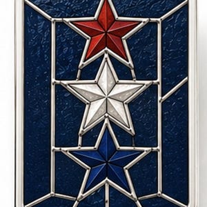 May include: Rectangular metal plaque with a silver border. The plaque features three five-pointed stars in red, white, and blue against a textured navy blue background. The stars are separated by silver lines.