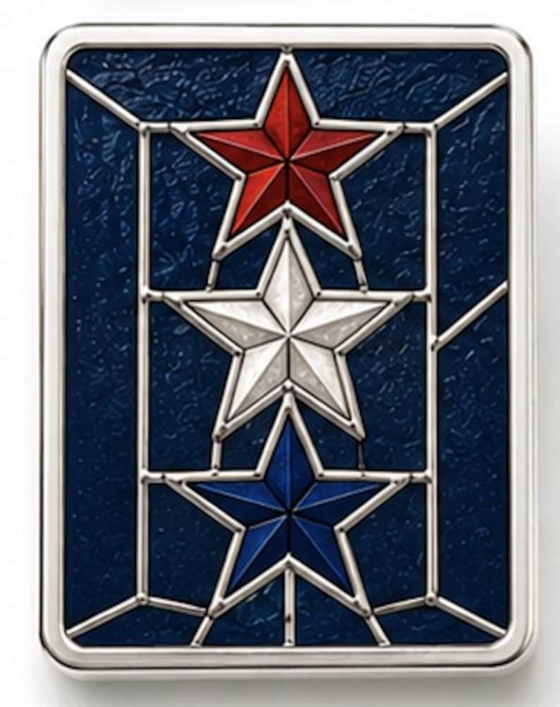 May include: Rectangular metal plaque with a silver border. The plaque features three five-pointed stars in red, white, and blue against a textured navy blue background. The stars are separated by silver lines.